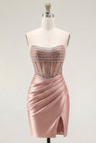 Corset Tight Short Strapless Sparkly Blush Ruched Homecoming Dress with Slit