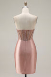 Corset Tight Short Strapless Sparkly Blush Ruched Homecoming Dress with Slit