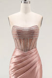 Corset Tight Short Strapless Sparkly Blush Ruched Homecoming Dress with Slit