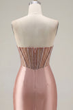 Corset Tight Short Strapless Sparkly Blush Ruched Homecoming Dress with Slit