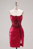 Sparkly Burgundy Corset Tight Short Ruched Beaded Homecoming Dress with Slit