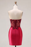 Sparkly Burgundy Corset Tight Short Ruched Beaded Homecoming Dress with Slit