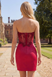 Sparkly Burgundy Corset Tight Short Ruched Beaded Homecoming Dress with Slit