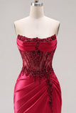 Sparkly Burgundy Corset Tight Short Ruched Beaded Homecoming Dress with Slit