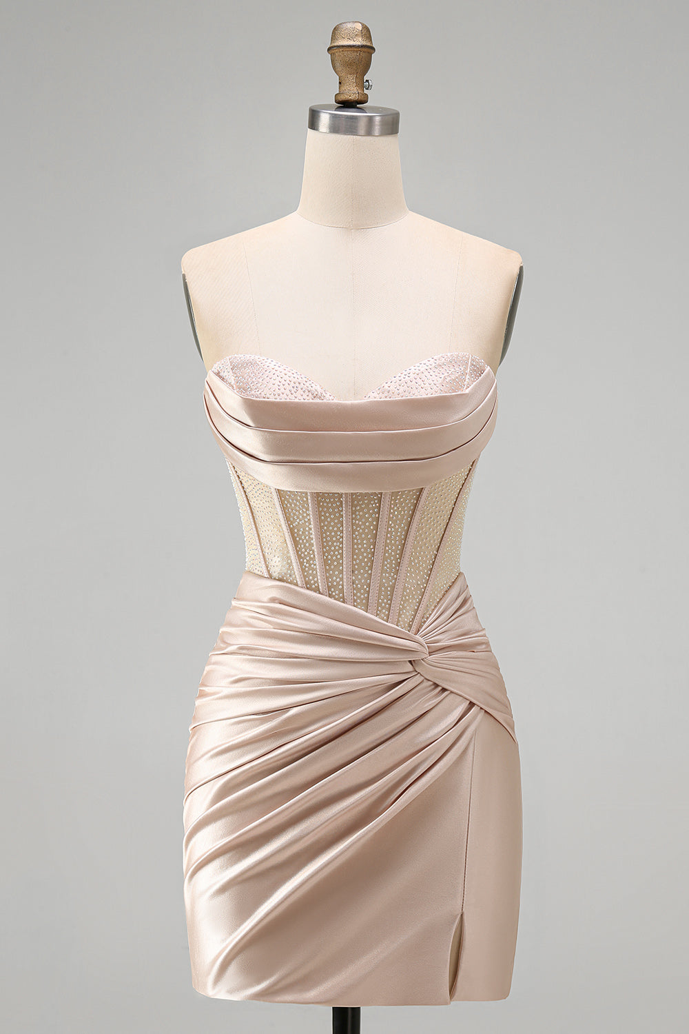 Champagne Corset Tight Short Strapless Ruched Homecoming Dress with Slit