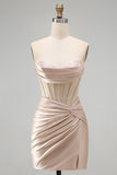 Champagne Corset Tight Short Strapless Ruched Homecoming Dress with Slit