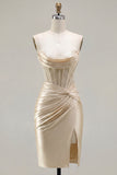 Champagne Corset Tight Short Strapless Ruched Homecoming Dress with Slit