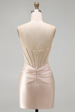 Champagne Corset Tight Short Strapless Ruched Homecoming Dress with Slit