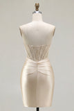 Champagne Corset Tight Short Strapless Ruched Homecoming Dress with Slit