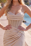 Champagne Corset Tight Short Strapless Ruched Homecoming Dress with Slit