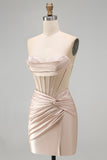 Champagne Corset Tight Short Strapless Ruched Homecoming Dress with Slit