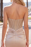 Champagne Corset Tight Short Strapless Ruched Homecoming Dress with Slit