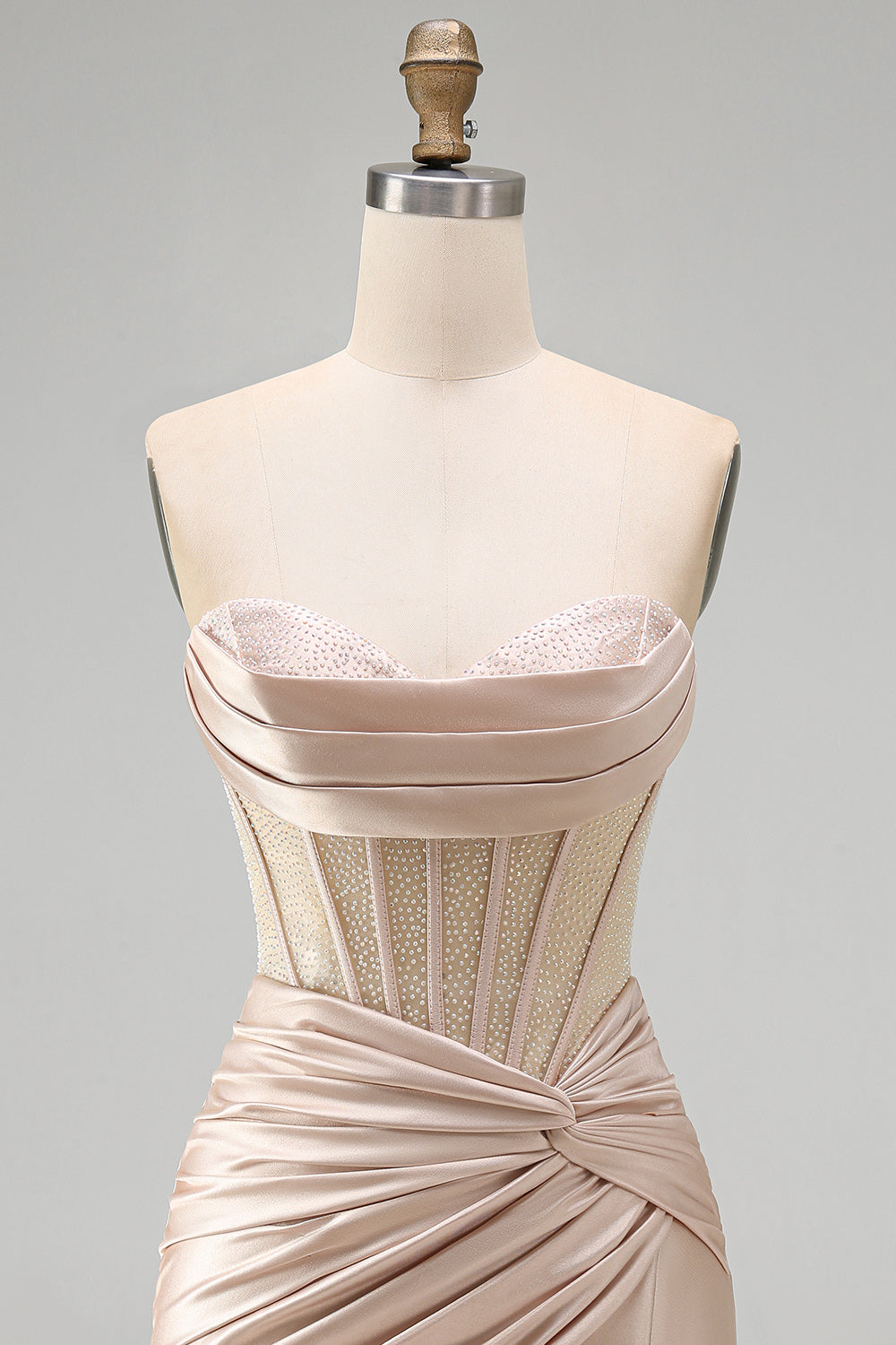 Champagne Corset Tight Short Strapless Ruched Homecoming Dress with Slit