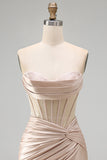 Champagne Corset Tight Short Strapless Ruched Homecoming Dress with Slit