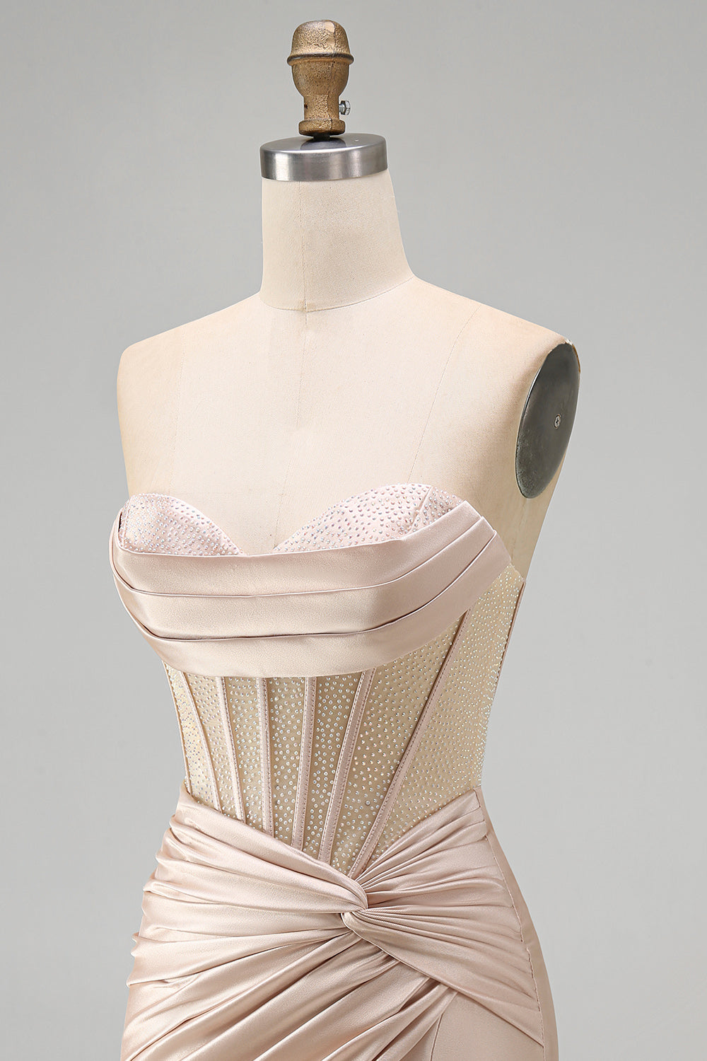 Champagne Corset Tight Short Strapless Ruched Homecoming Dress with Slit