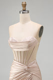 Champagne Corset Tight Short Strapless Ruched Homecoming Dress with Slit