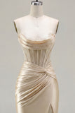 Champagne Corset Tight Short Strapless Ruched Homecoming Dress with Slit