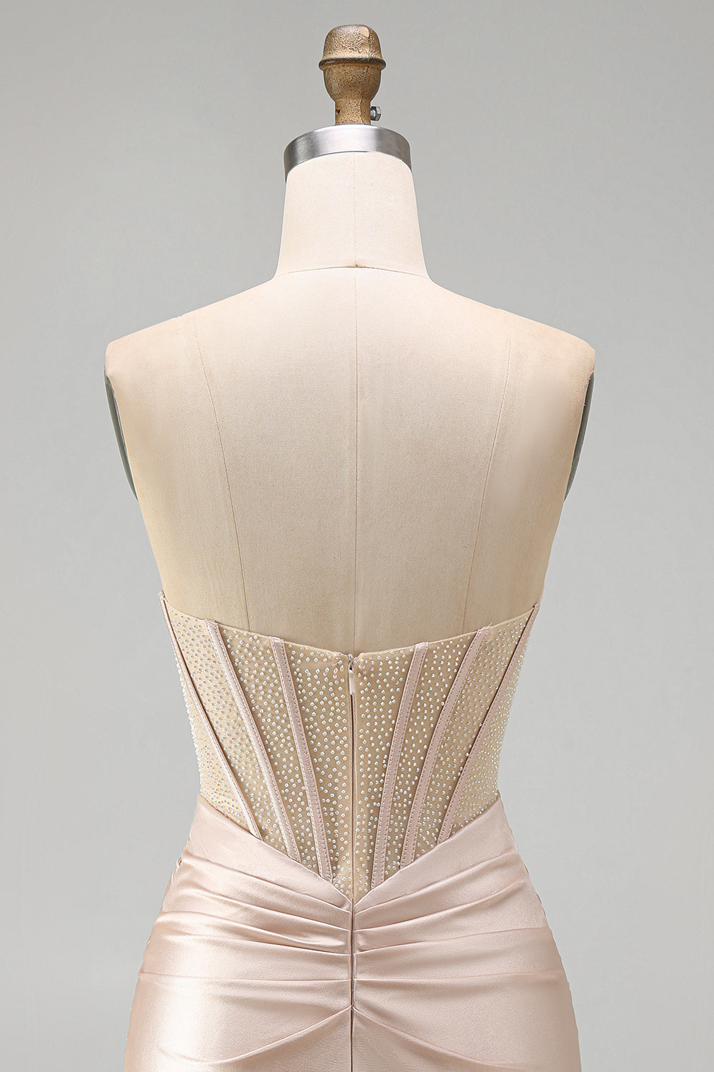 Champagne Corset Tight Short Strapless Ruched Homecoming Dress with Slit