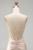 Champagne Corset Tight Short Strapless Ruched Homecoming Dress with Slit