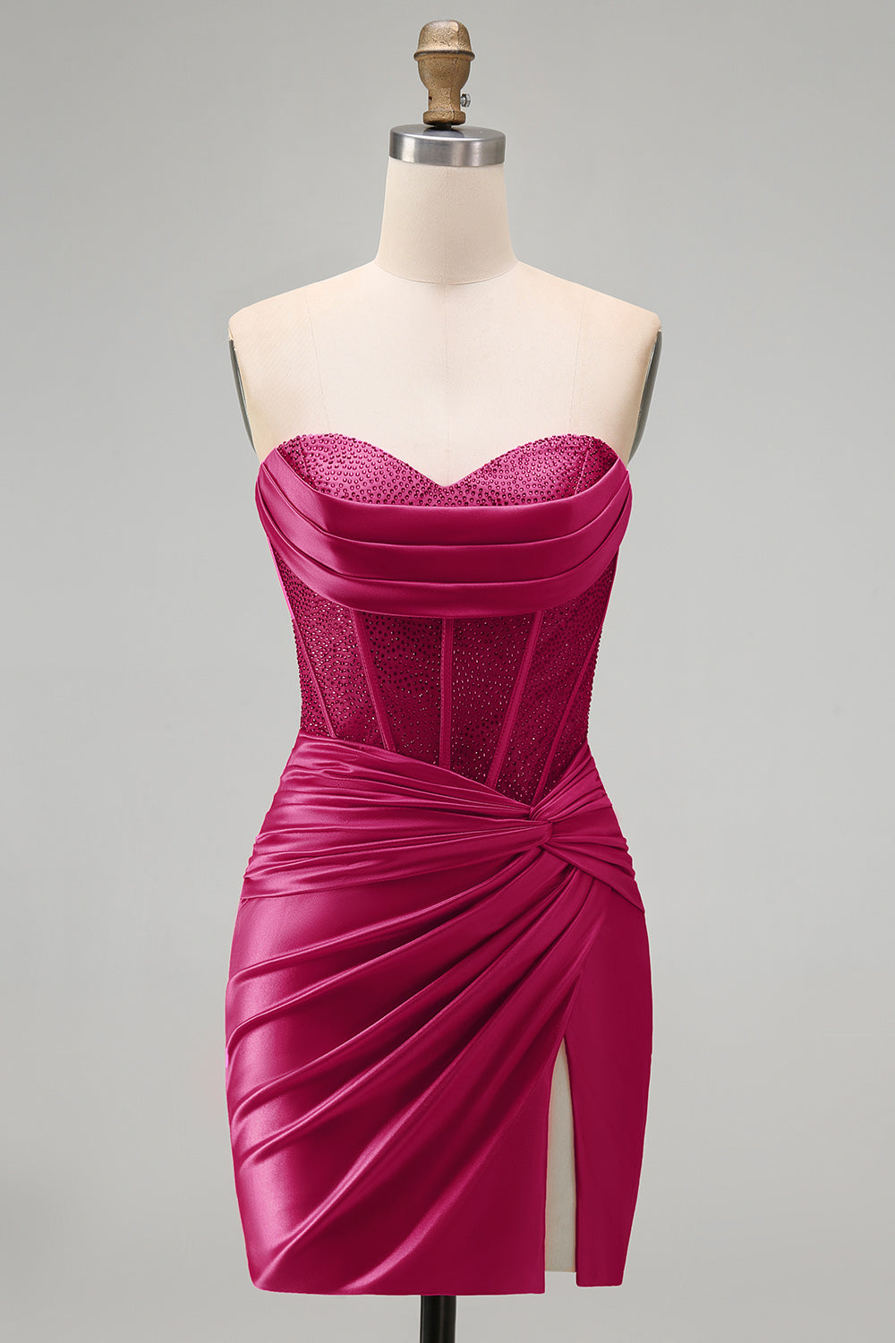 Burgundy Corset Tight Short Ruched Strapless Homecoming Dress with Beading
