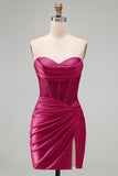 Burgundy Corset Tight Short Ruched Strapless Homecoming Dress with Beading