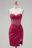 Burgundy Corset Tight Short Ruched Strapless Homecoming Dress with Beading