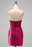 Burgundy Corset Tight Short Ruched Strapless Homecoming Dress with Beading