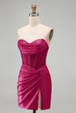 Burgundy Corset Tight Short Ruched Strapless Homecoming Dress with Beading