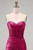 Burgundy Corset Tight Short Ruched Strapless Homecoming Dress with Beading