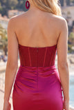 Burgundy Corset Tight Short Ruched Strapless Homecoming Dress with Beading