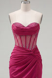 Burgundy Corset Tight Short Ruched Strapless Homecoming Dress with Beading