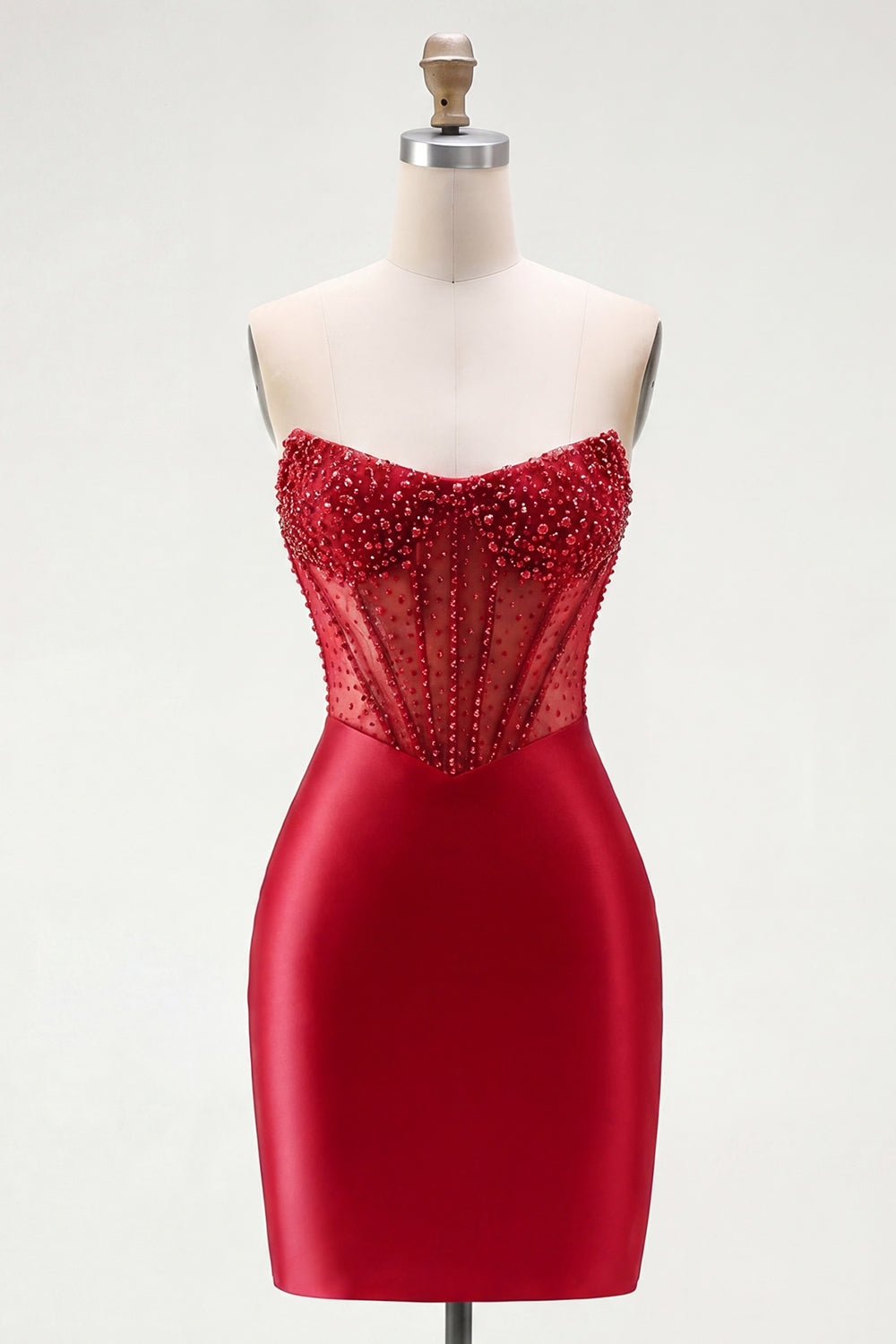 Tight Short Red Corset Strapless Homecoming Dress with Rhinestones