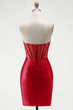 Tight Short Red Corset Strapless Homecoming Dress with Rhinestones