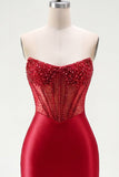 Tight Short Red Corset Strapless Homecoming Dress with Rhinestones