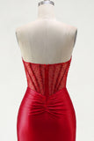 Tight Short Red Corset Strapless Homecoming Dress with Rhinestones