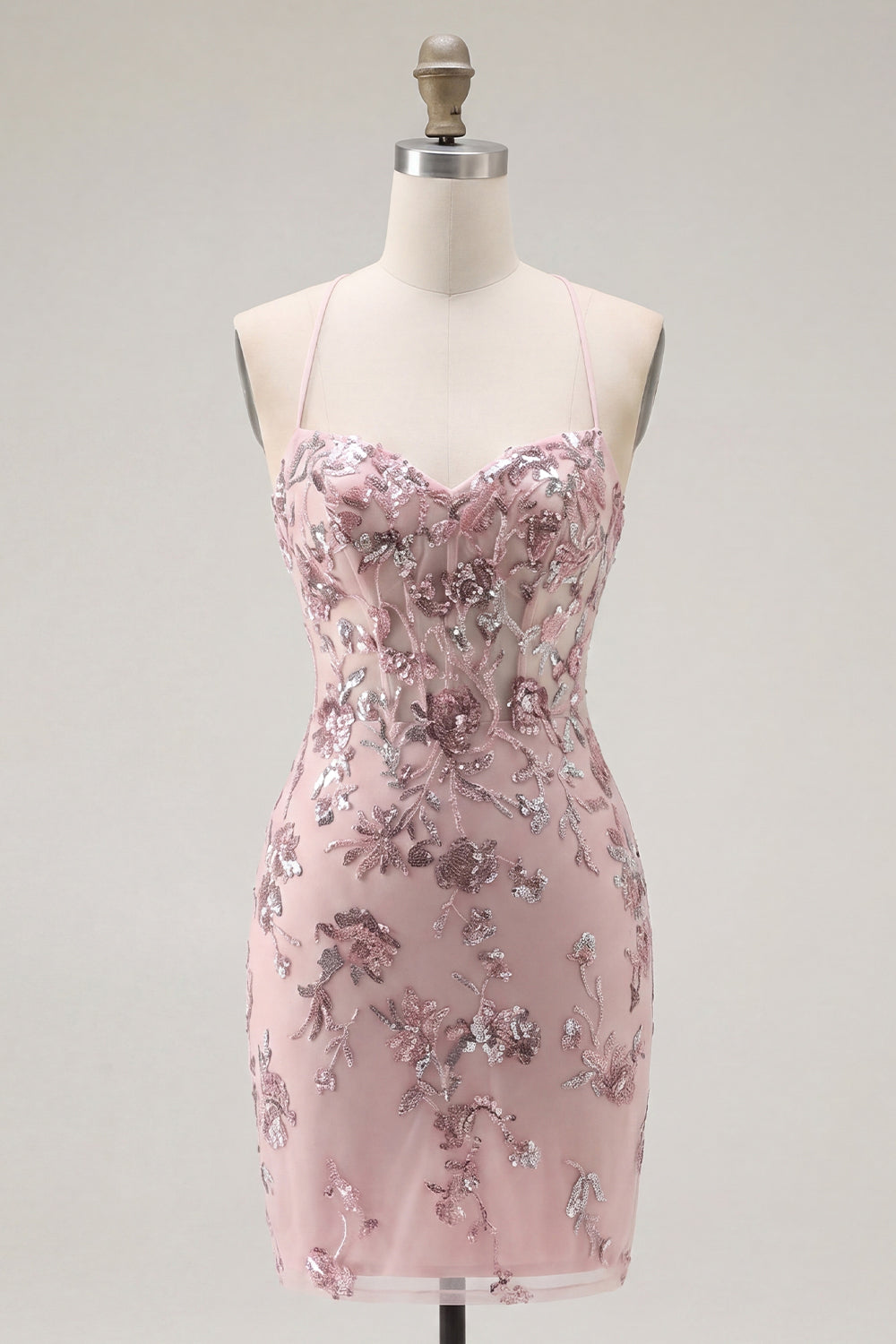 Floral Halter Corset Tight Short Sparkly Blush Beaded Homecoming Dress
