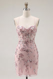 Floral Halter Corset Tight Short Sparkly Blush Beaded Homecoming Dress