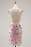 Floral Halter Corset Tight Short Sparkly Blush Beaded Homecoming Dress