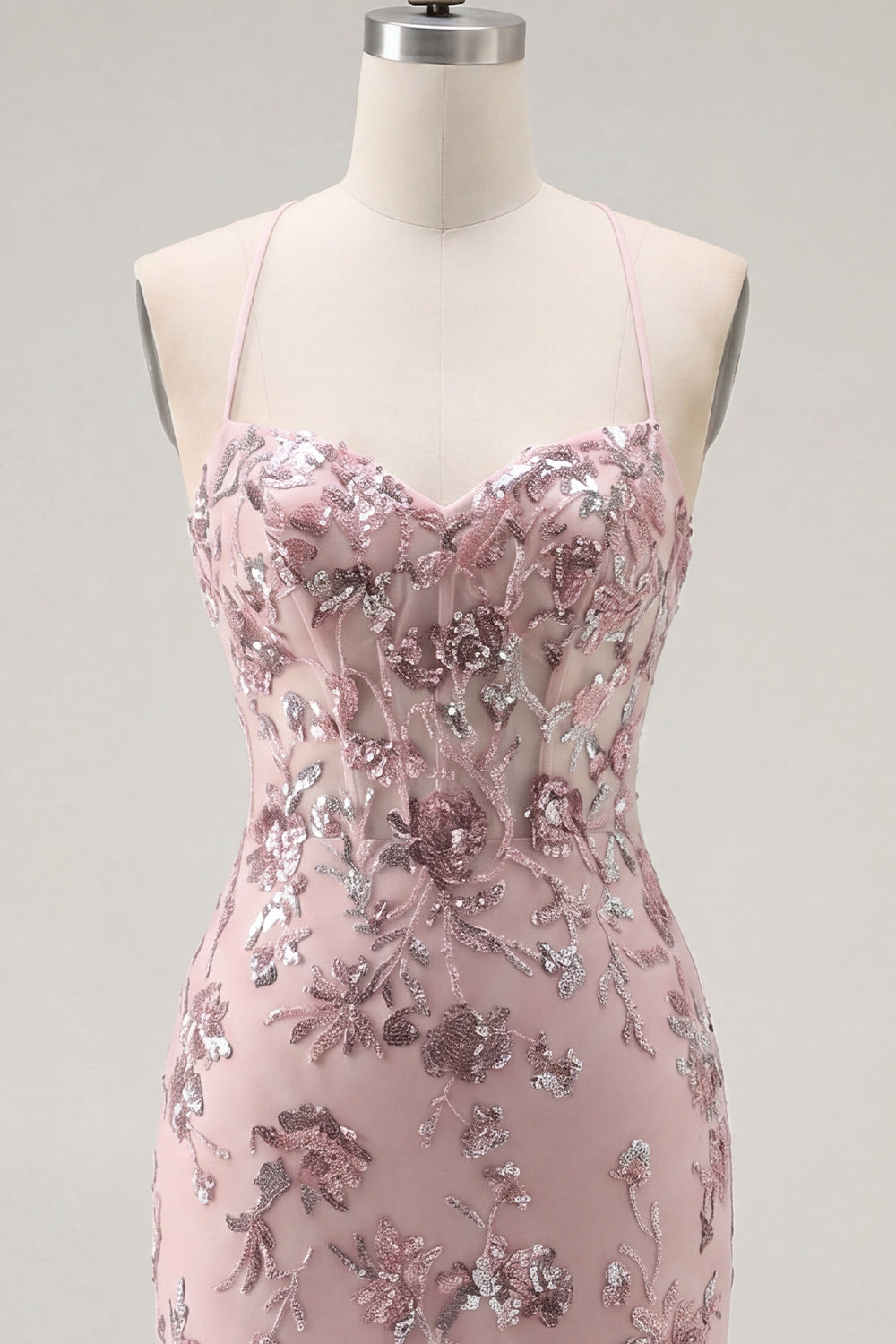 Floral Halter Corset Tight Short Sparkly Blush Beaded Homecoming Dress