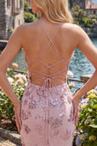 Floral Halter Corset Tight Short Sparkly Blush Beaded Homecoming Dress