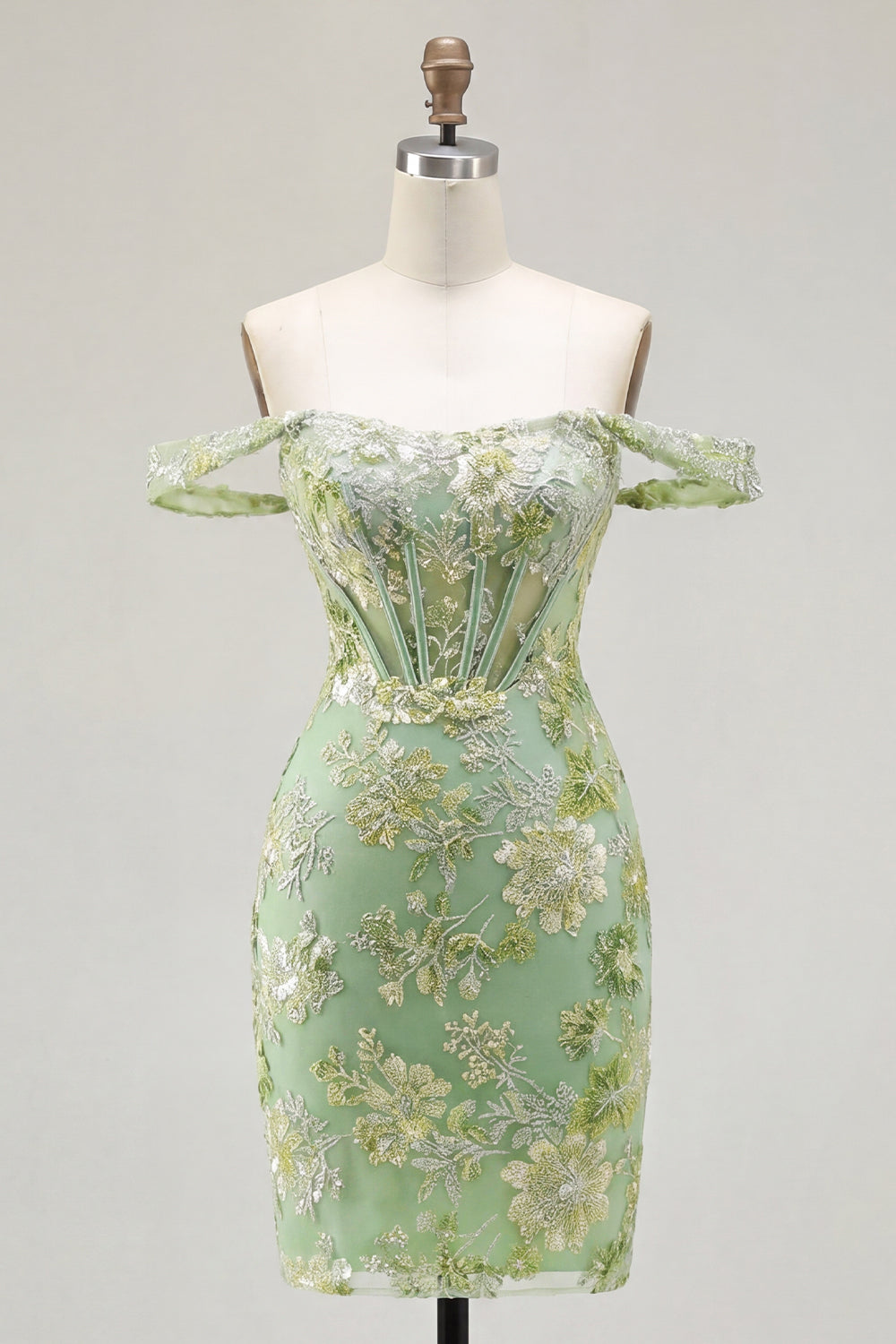 Green Off the Shoulder Floral Tight Short Corset Homecoming Dress