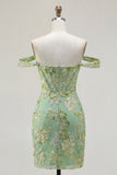 Green Off the Shoulder Floral Tight Short Corset Homecoming Dress