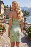 Green Off the Shoulder Floral Tight Short Corset Homecoming Dress