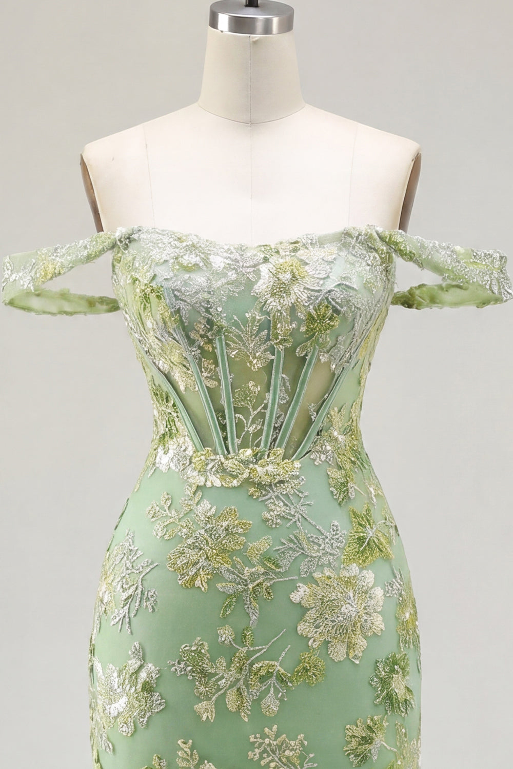 Green Off the Shoulder Floral Tight Short Corset Homecoming Dress