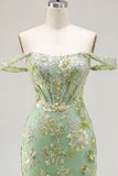 Green Off the Shoulder Floral Tight Short Corset Homecoming Dress