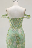 Green Off the Shoulder Floral Tight Short Corset Homecoming Dress