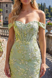 Green Off the Shoulder Floral Tight Short Corset Homecoming Dress