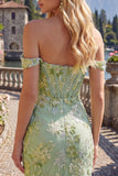 Green Off the Shoulder Floral Tight Short Corset Homecoming Dress