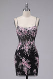 Black Pink Flower Spaghetti Straps Tight Short Corset Homecoming Dress