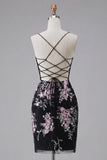 Black Pink Flower Spaghetti Straps Tight Short Corset Homecoming Dress